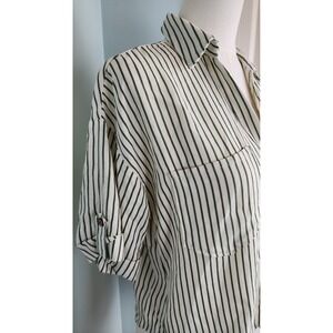 Zara Striped Button Down Shirt Womens XS Green Cream Short Sleeve Cropped